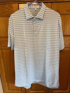 Peter Millar Blue, White & Green Striped Performance Polo-Medium/EMBROID ”MCC”